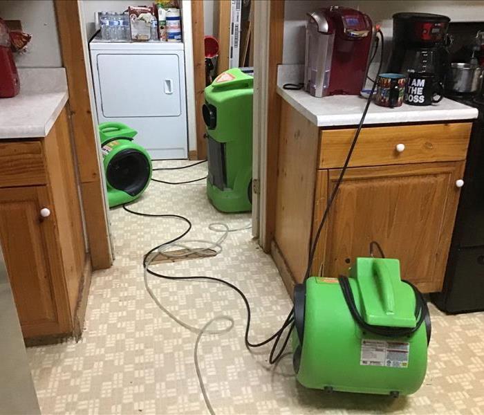 green equipment in kitchen with wood cabinets and laminate flooring to dry home